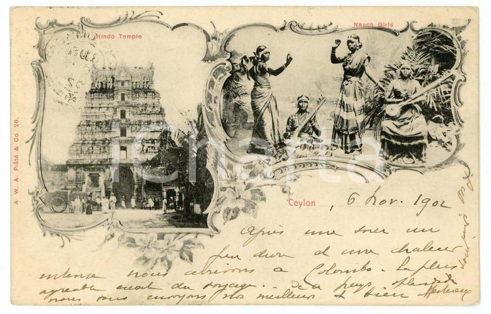 1902 CEYLON - SRI LANKA Nauch girls - Hindo Temple - Vintage Postcard FP VG Cartolina postale d'epoca, viaggiata. CONDIZIONI: FAIRFORMATO: FP    originale e autentica 1