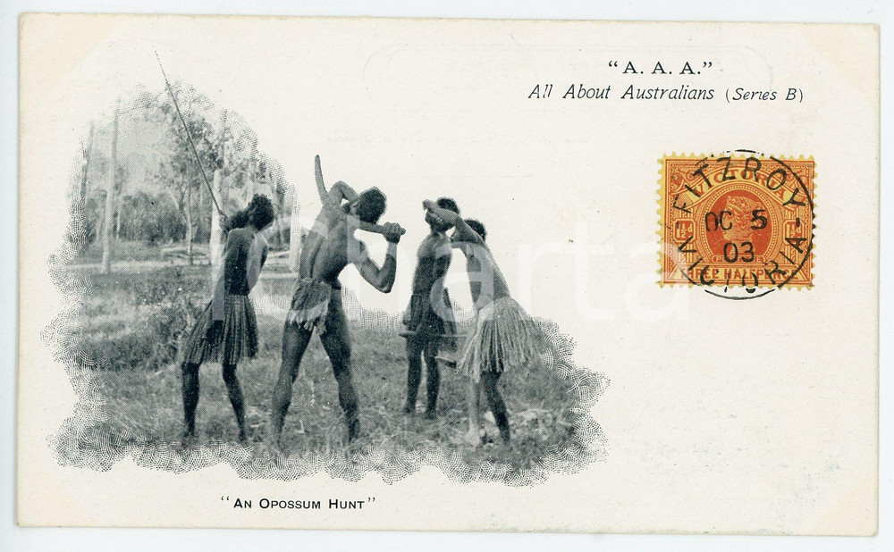 1903 AUSTRALIA Aborigines hunting opossums AAA All About Australians Serie B Cartolina postale d'epoca, viaggiata. CONDIZIONI: FAIRFORMATO: FP    originale e autentica 1