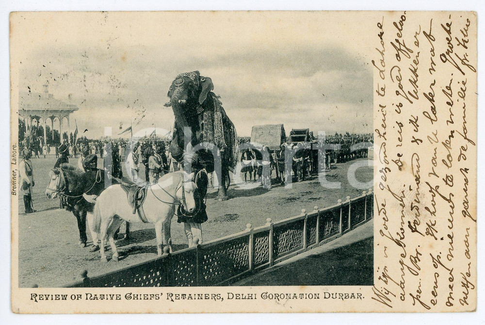 1903 DELHI DURBAR Coronation Park - Review of native chiefs' retainers Postcard Cartolina postale d'epoca,  viaggiata. CONDIZIONI: FAIRFORMATO: FP    originale e autentica 1