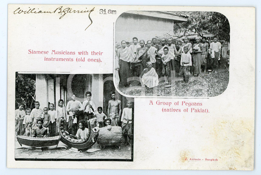 1900ca SIAM - THAILANDIA Siamese musicians - Group of Peguans - Vintage Postcard Cartolina postale d'epoca, viaggiata. CONDIZIONI: POORFORMATO: FP    originale e autentica 1
