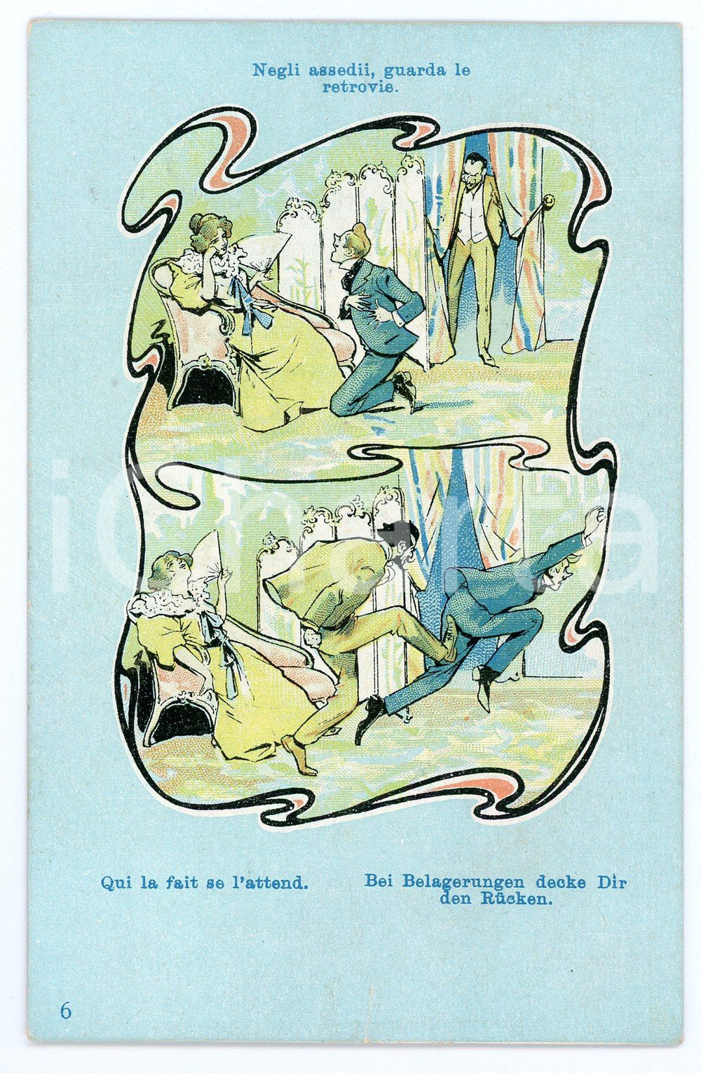 1900 ca HUMOUR - INNAMORATI Negli assedii, guarda le retrovie - Cartolina FP NV  Cartolina d'epoca, non viaggiata. FAIR/discreto Lievi smussature agli angoli Formato: FP originale e autentica 1