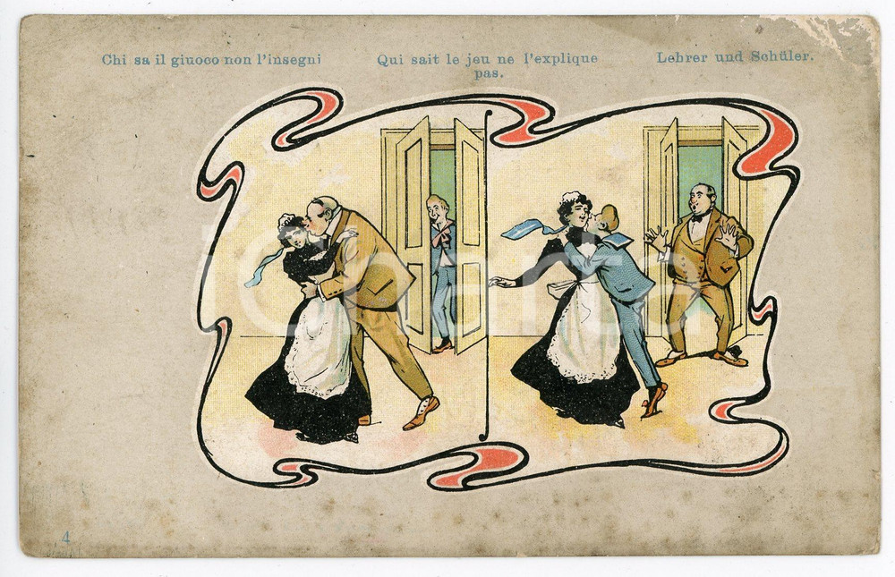 1903 HUMOUR - INNAMORATI Chi sa il giuoco non l'insegni - Cartolina FP VG  Cartolina d'epoca, viaggiata. VERY POOR/gravemente danneggiato Smussature e piegature agli angoli, gore di umiditÃ , lievi abrasioni Formato: FP originale e autentica 1