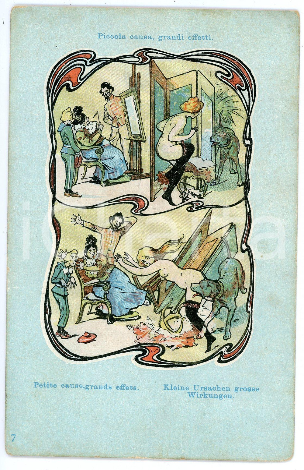 1900 ca VINTAGE EROTIC - HUMOUR Piccola causa, grandi effetti - Cartolina FP NV  Cartolina d'epoca, non viaggiata. FAIR/discreto Lievi mussature agli angoli, piccole bruniture Formato: FP originale e autentica 1