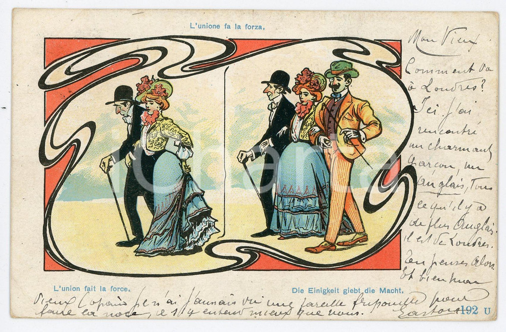 1900 ca HUMOUR - INNAMORATI L'unione fa la forza - Cartolina ILLUSTRATA FP VG  Cartolina d'epoca, viaggiata. FAIR/discreto Lievi mussature agli angoli Formato: FP originale e autentica 1