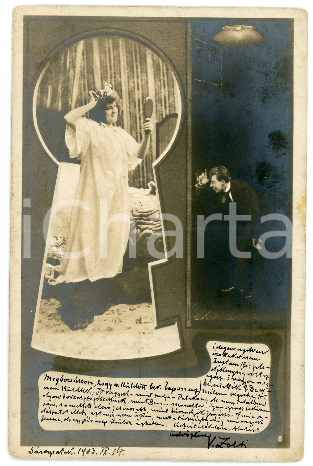 1902 VINTAGE EROTIC Voyeur spying on girl through keyhole (4) - Postcard FP  Cartolina d'epoca, viaggiata. VERY POOR/gravemente danneggiato Lievi smussature e piegature agli angoli, profonda piegature orizzontale Formato: FP originale e autentica 1