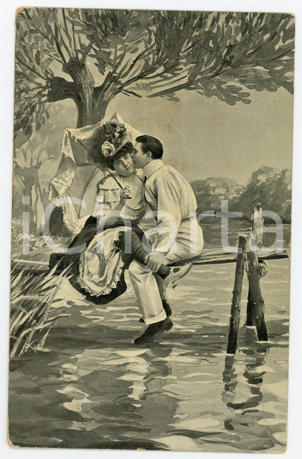 1911 Two lovers on the lake - Vintage illustrated postcard  Cartolina d'epoca, viaggiata.CONDIZIONI: FAIR (lievi macchie)FORMATO: FP    originale e autentica 1