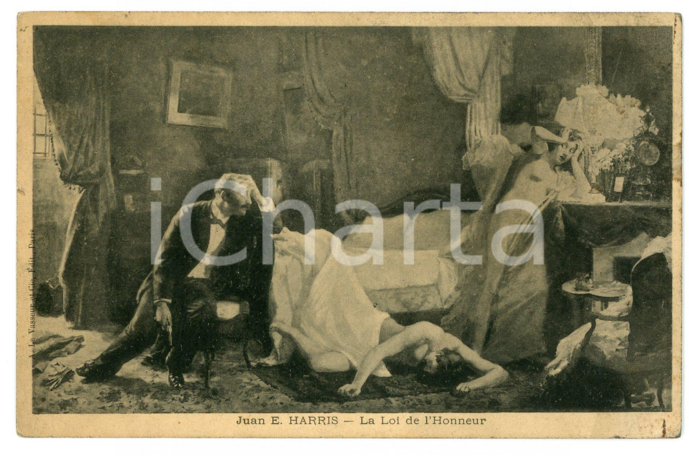Cartolina originale da collezione 1900 ca Artist Juan E. HARRIS La loi de l honneur  Carte postale FP NV 1