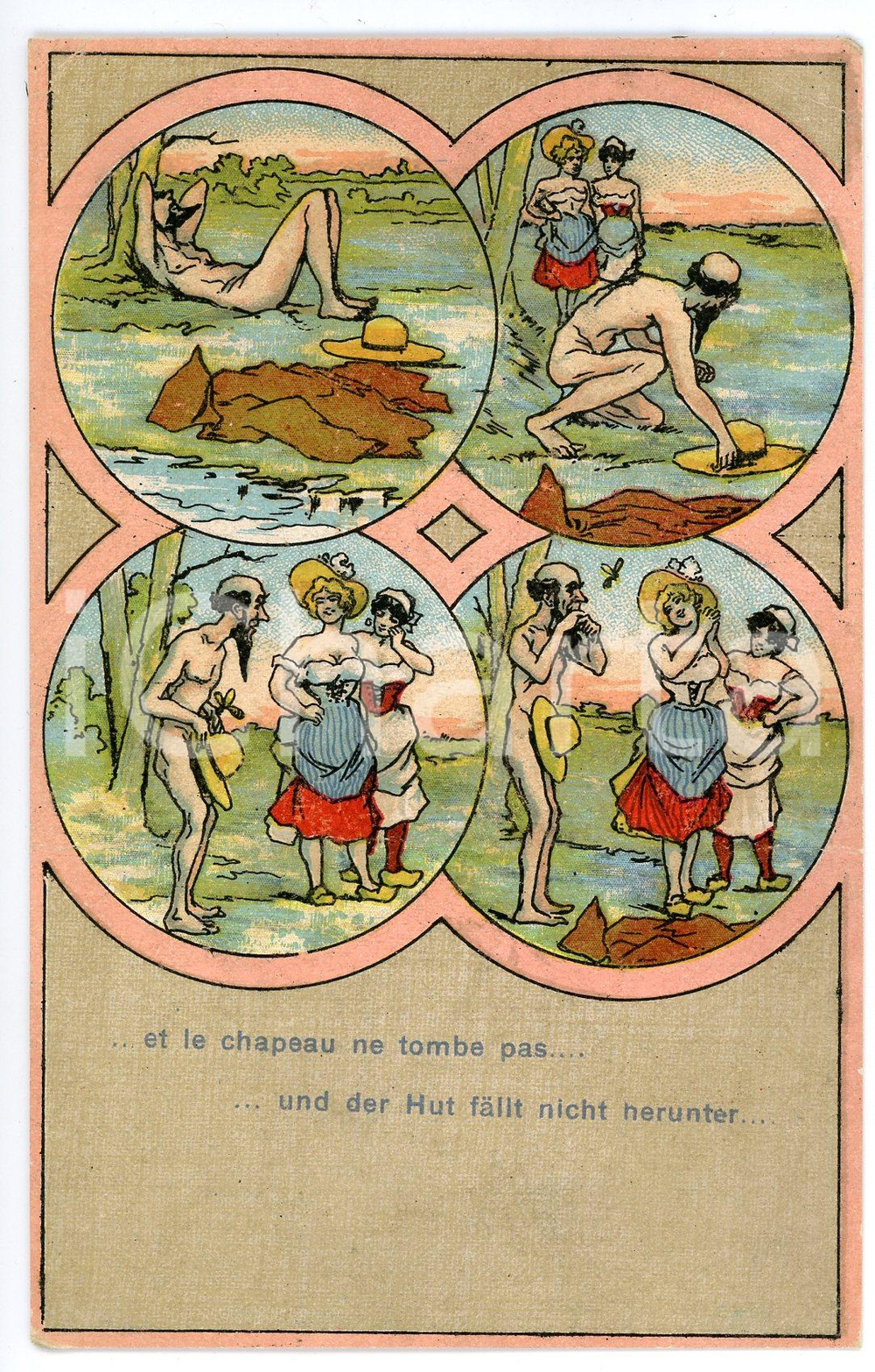 1910 ca HUMOUR - EROTIC Et le chapeau ne tombe pas - Carte postale FP NV  Cartolina d'epoca, viaggiata. VERY POOR/gravemente danneggiato Lievi smussature e piegature agli angoli, profonda piegatura orizzontale Formato: FP originale e autentica 1