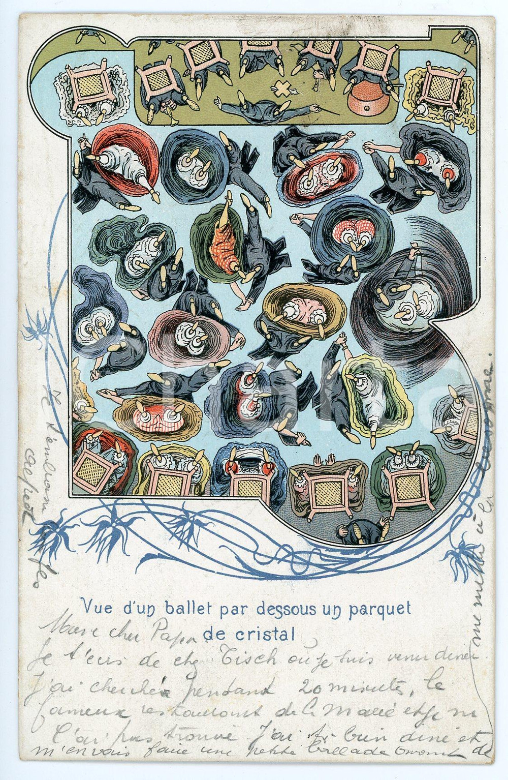 1900 ca EROTICA Vue d'un ballet par dessous un parquet de cristal - Cartolina  Cartolina d'epoca, non viaggiata ma con nota manoscritta al verso. FAIR/discreto Lievi mussature agli angoli Formato: FP originale e autentica 1