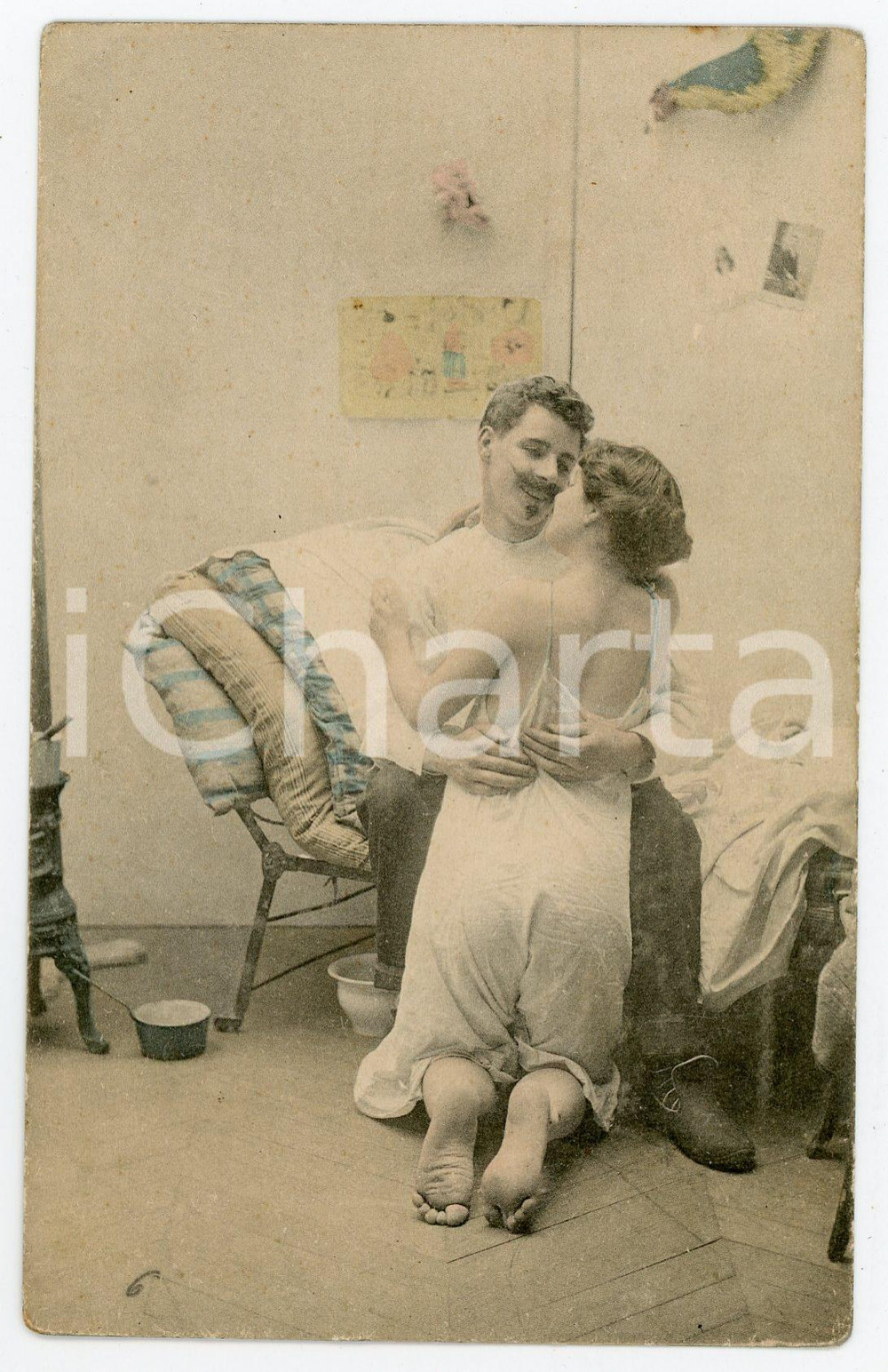 1900 ca Couple of lovers near their cot - French vintage postcard  Cartolina postale d'epoca, non viaggiata.CONDIZIONI: GFORMATO: FP    originale e autentica 1