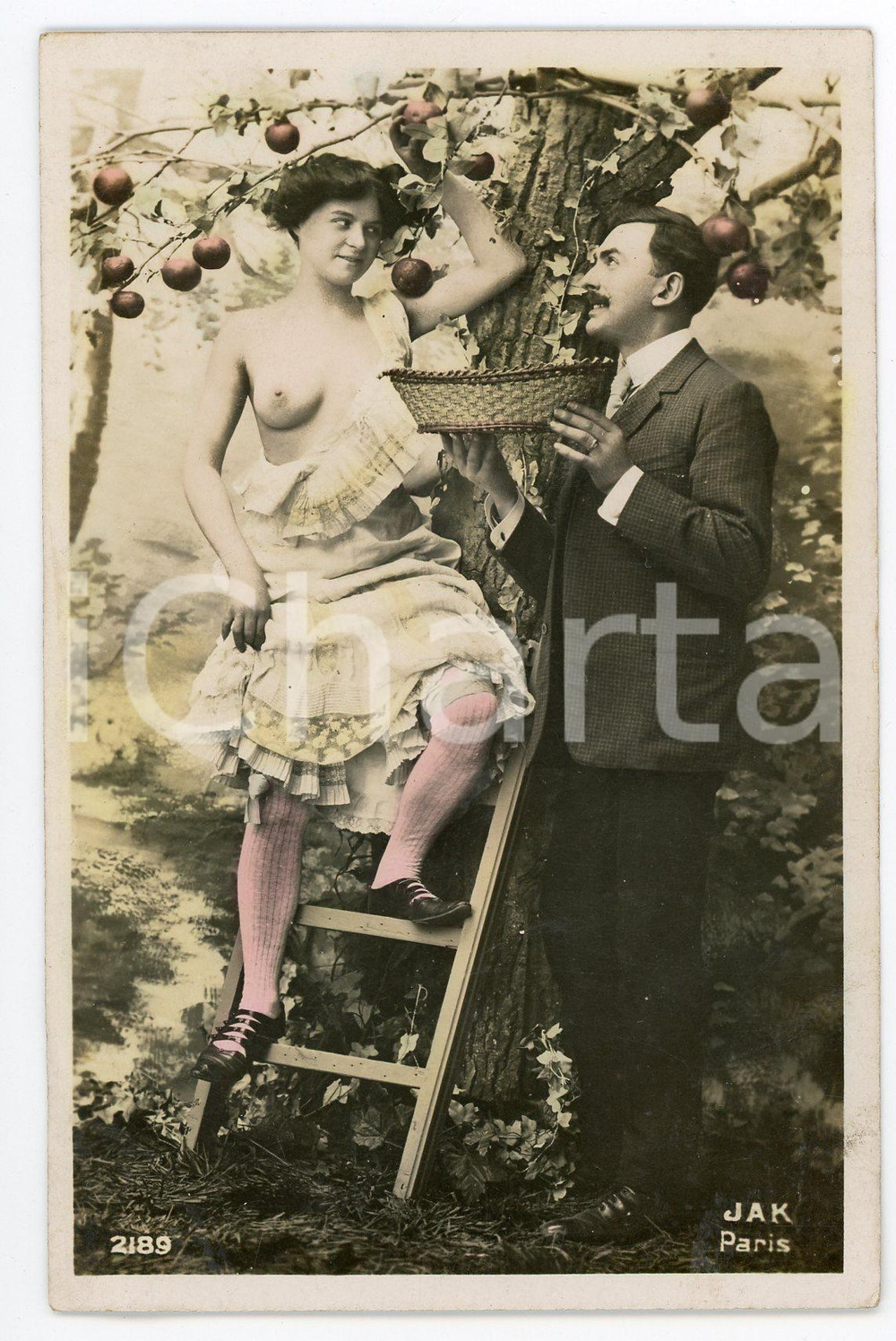 1910 ca VINTAGE EROTIC FRANCE Couple picking apples (1) - Postcard risque  Cartolina postale d'epoca, non viaggiata.CONDIZIONI: FAIR (piegatura angolare)FORMATO: FP    originale e autentica 1