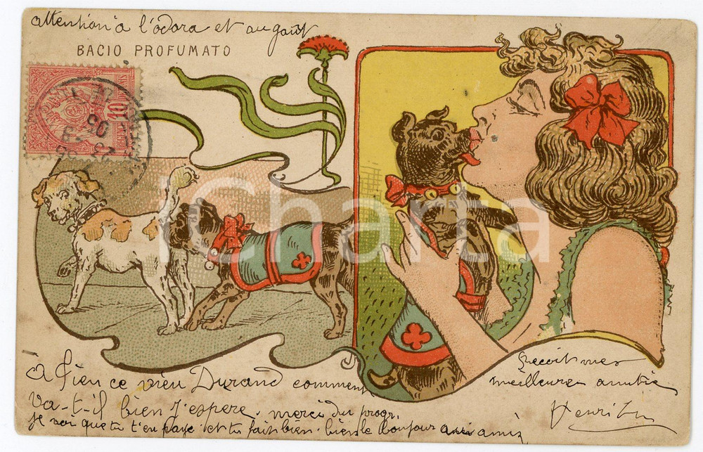 1900 ca COSTUMI SATIRA Bacio profumato - Donna e cagnolino *Cartolina FP NV  Cartolina postale d'epoca, scritta ma non viaggiata.CONDIZIONI: FAIR (piccola piegatura angolare e minime fioriture)FORMATO: FP    originale e autentica 1