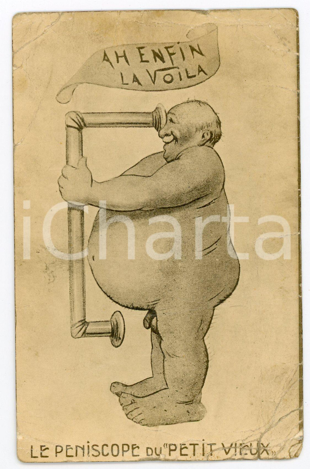 1910 ca Le peniscope du "Petit Vieux" - DAMAGED RARE vintage SATIRICAL postcard  Cartolina postale d'epoca, non viaggiata.CONDIZIONI: VERY POOR (piegature diffuse)FORMATO: FP    originale e autentica 1