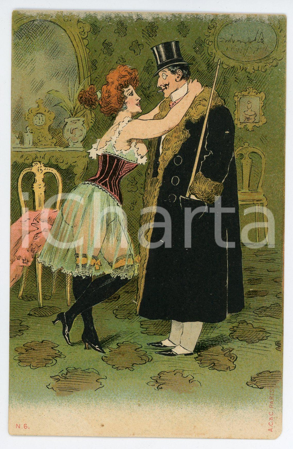 1900 ca VINTAGE EROTIC Couple in a boudoir - Illustrated chromo postcard (4)  Cartolina postale d'epoca, non viaggiata.CONDIZIONI: POOR (danni da umidit&agrave; al margine superiore; minima smussatura angolare)FORMATO: FP    originale e autentica 1