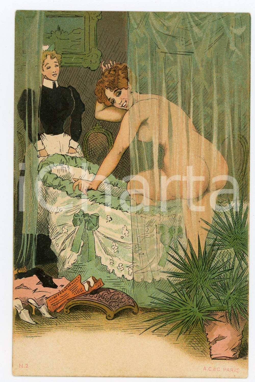 1900 ca VINTAGE EROTIC Woman stepping into bathtub - Chromo postcard boudoir  Cartolina postale d'epoca, non viaggiata.CONDIZIONI: GFORMATO: FP    originale e autentica 1
