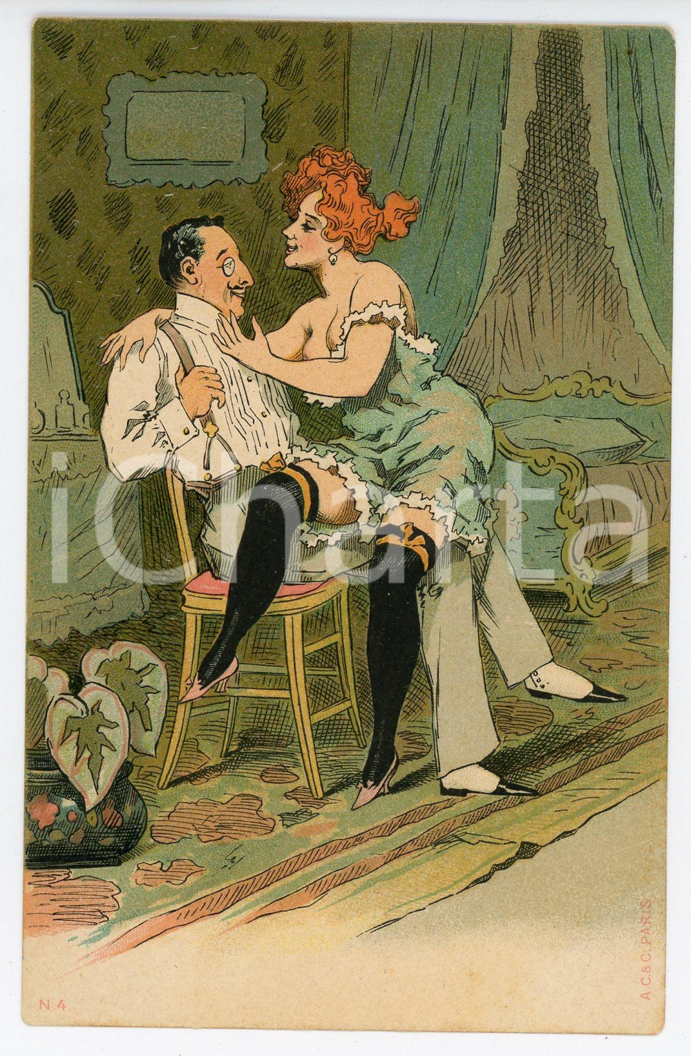 1900 ca VINTAGE EROTIC Couple in a boudoir - Illustrated chromo postcard (3)  Cartolina postale d'epoca, non viaggiata.CONDIZIONI: G (ma minima piegatura angolare)FORMATO: FP    originale e autentica 1