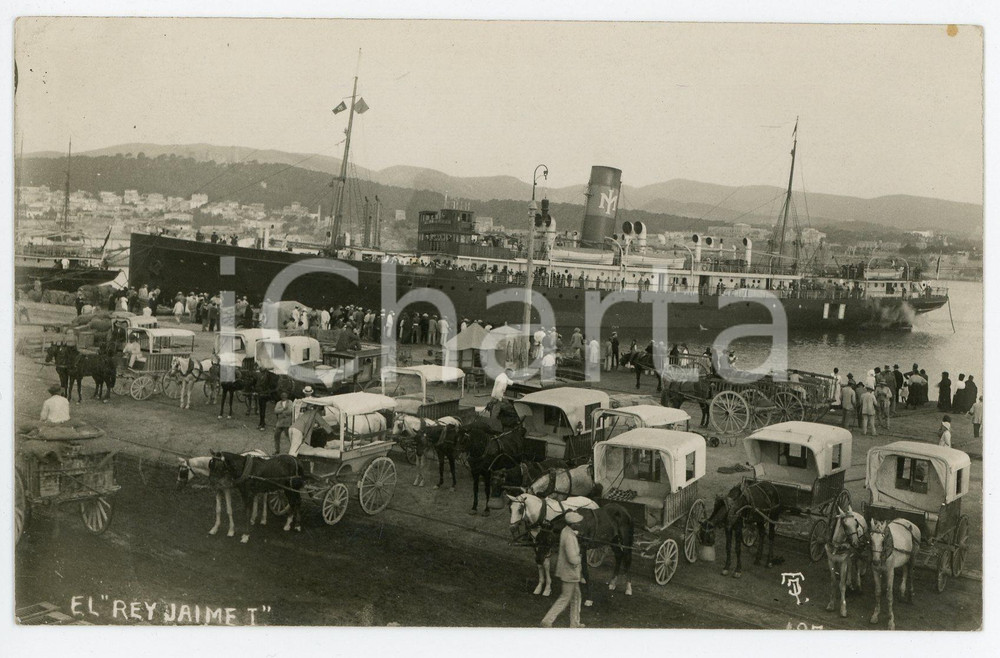 1920 ca ESPANA Porto con piroscafo REY JAIME I - RPPC animata carrozze  Fotocartolina postale d'epoca, non viaggiata.CONDIZIONI: GFORMATO: FP     originale e autentica 1