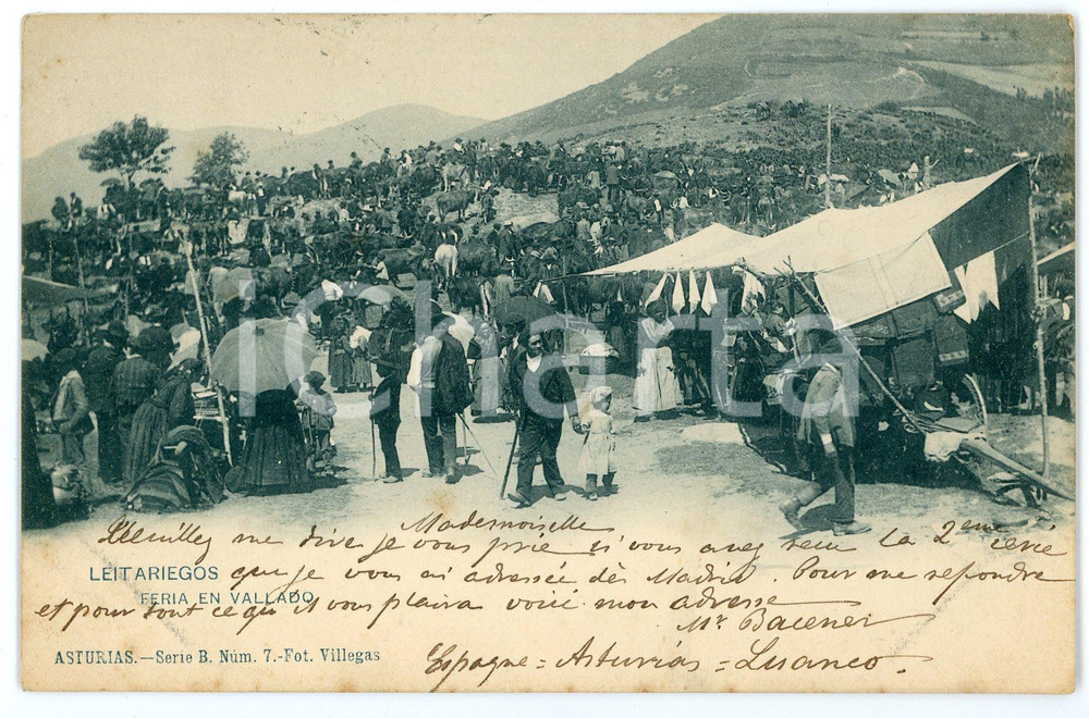 1905 VALLADO (ASTURIAS, ESPANA) Leitariegos - Feria - Tarjeta postal antigua  Cartolina postale d'epoca, viaggiata.CONDIZIONI: FAIR (ingiallimenti al verso)FORMATO: FP     originale e autentica 1