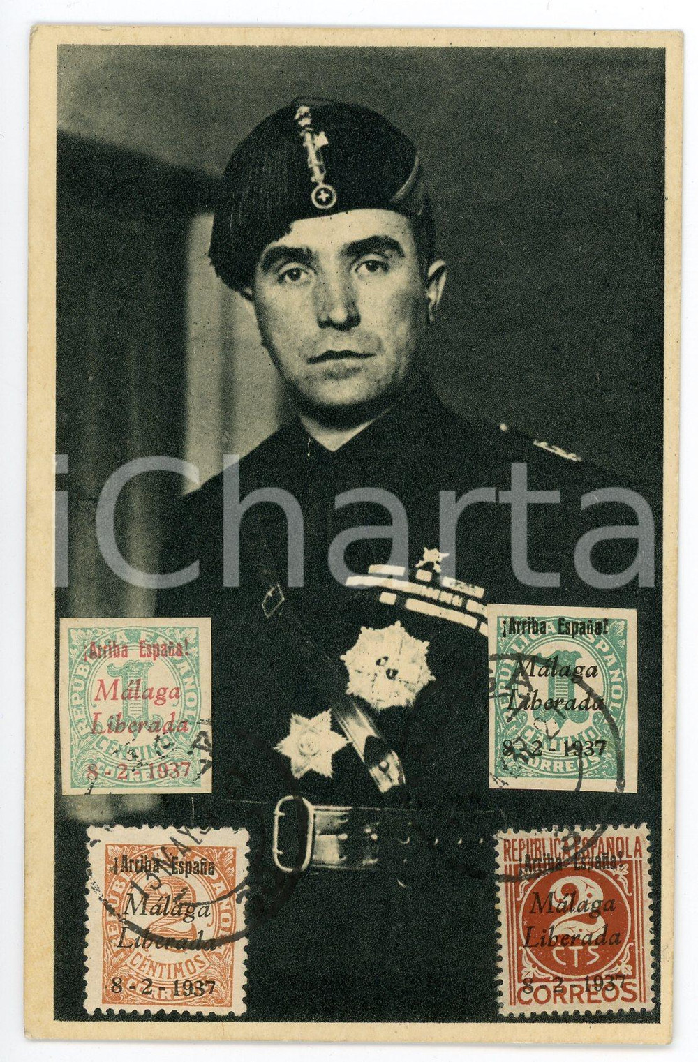 1937 GUERRA CIVIL ESPAÃ‘OLA Malaga Liberada - Tarjeta con sellos sobrecargados  Cartolina postale d'epoca, con francobolli recanti la sovrastampa repubblicana.CONDIZIONI: GFORMATO: FPEDITORE: Juan Marra - Malaga     originale e autentica 1