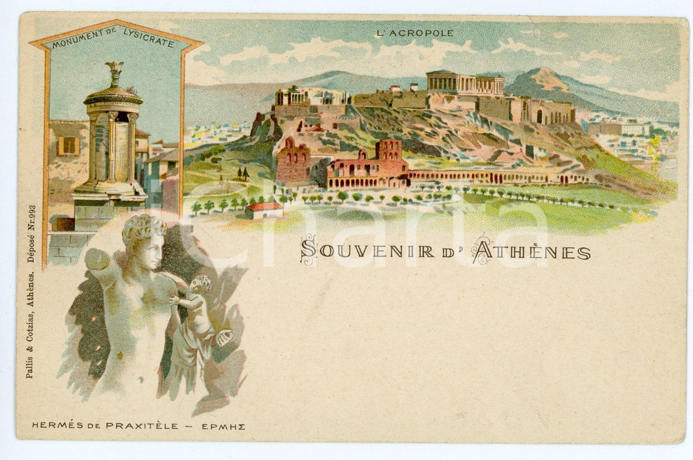 1900 ca ATHÃˆNES Monument de Lysicrate ACROPOLE HermÃ©s de PaxitÃ¨le - Postcard  Cartolina d'epoca, non viaggiata.    VERY POOR/gravemente danneggiato smussature agli angoli, profondo strappo e piegatura al margine superiore FORMATO: FP originale e autentica 1