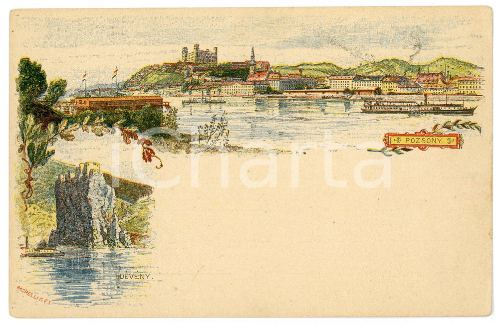 1900 ca BRATISLAVA / POZSONY (SLOVAKIA) - Devín Castle - Illustrated postcard  Cartolina postale d'epoca, non viaggiata (un francobollo asportato).  GOOD/buono minime smussature angolari Formato: 14x9 cm originale e autentica 1