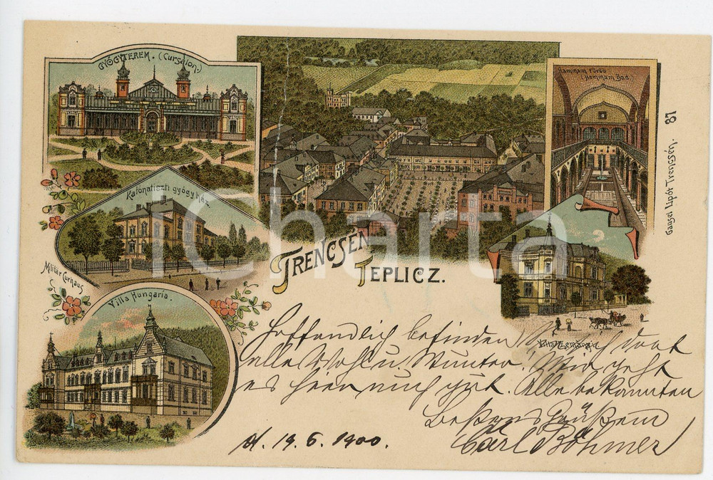 1900 TEPLICZ - TRENCSEN (HUNGARY) Gyogyterem  ILLUSTRATED Postcard FP VG  Cartolina postale d'epoca, viaggiata. VERY POOR/gravemente danneggiato Lievi smussature agli angoli e profonda piegatura centrale Formato: FP originale e autentica 1