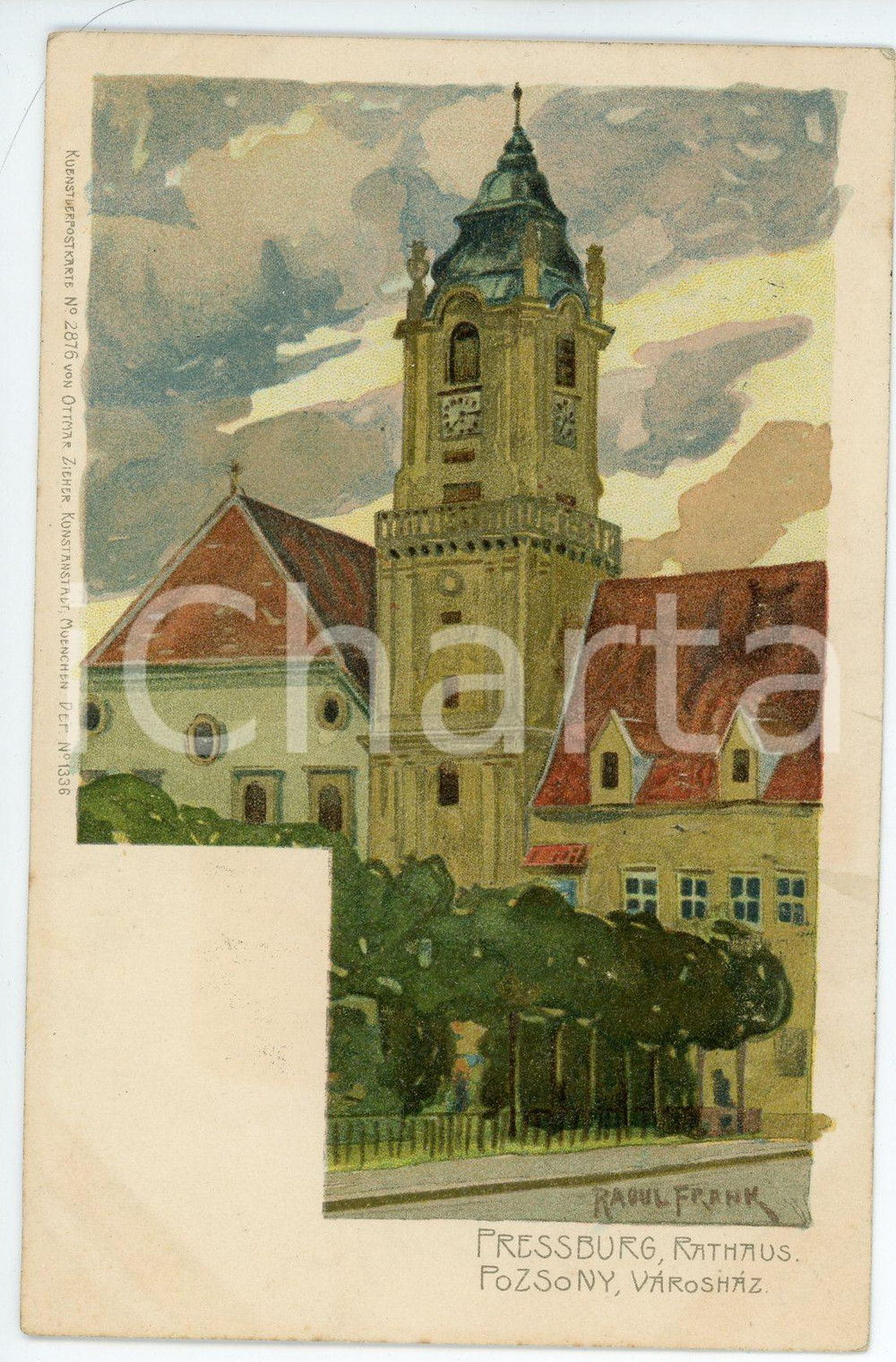 1921 POSZONY - PRESSBURG (HUNGARY) Rathaus - Illustrated by Raoul FRANK Postcard  Cartolina postale d'epoca, viaggiata. FAIR/discreto Lievi smussature agli angoli Formato: FP originale e autentica 1
