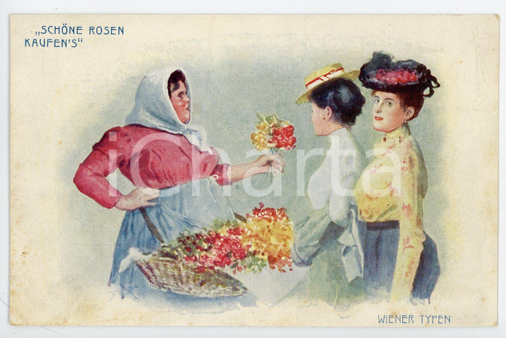 1900 ca WIEN - WIENER TYPE "Schöne rosen kaufen's" - Rose seller - Postcard FP  Cartolina postale d'epoca, non viaggiata. POOR/danneggiato piegature al margine destro, bruniture al verso Formato: FP originale e autentica 1