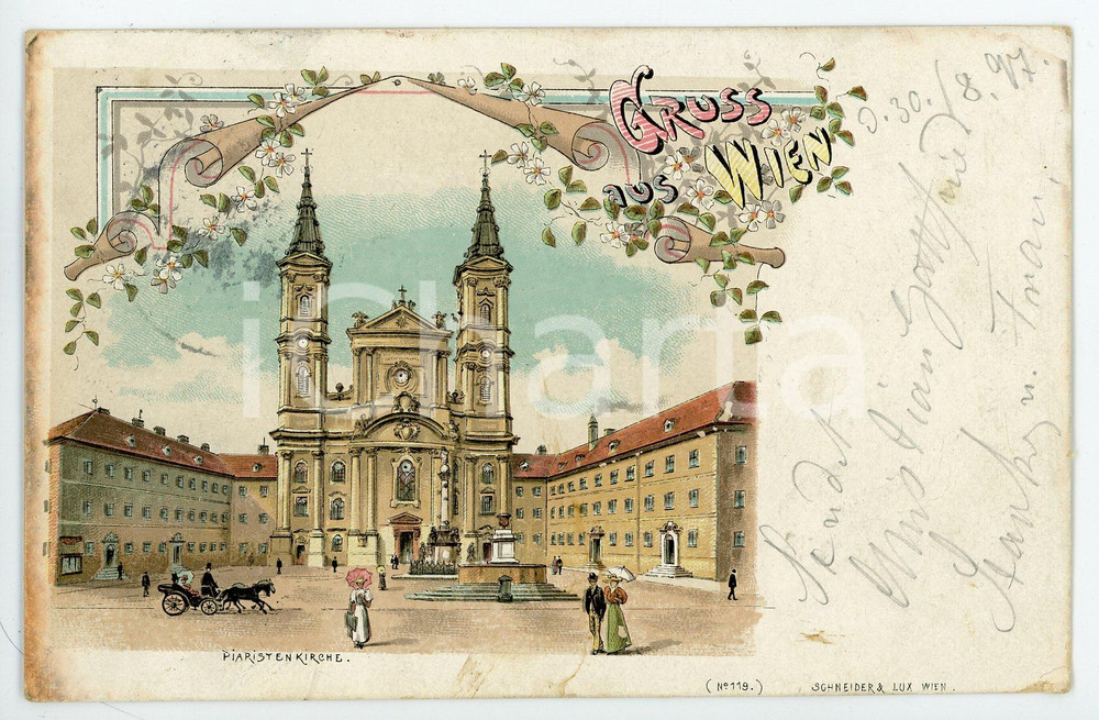 1897 WIEN (OSTERREICH) Piaristenkirche Maria Treu ILLUSTRATED Postcard FP VG  Cartolina postale d'epoca, viaggiata. POOR/danneggiato lievi smussature e sbreccature agli angoli, alone al margine sinistro Formato: FP originale e autentica 1