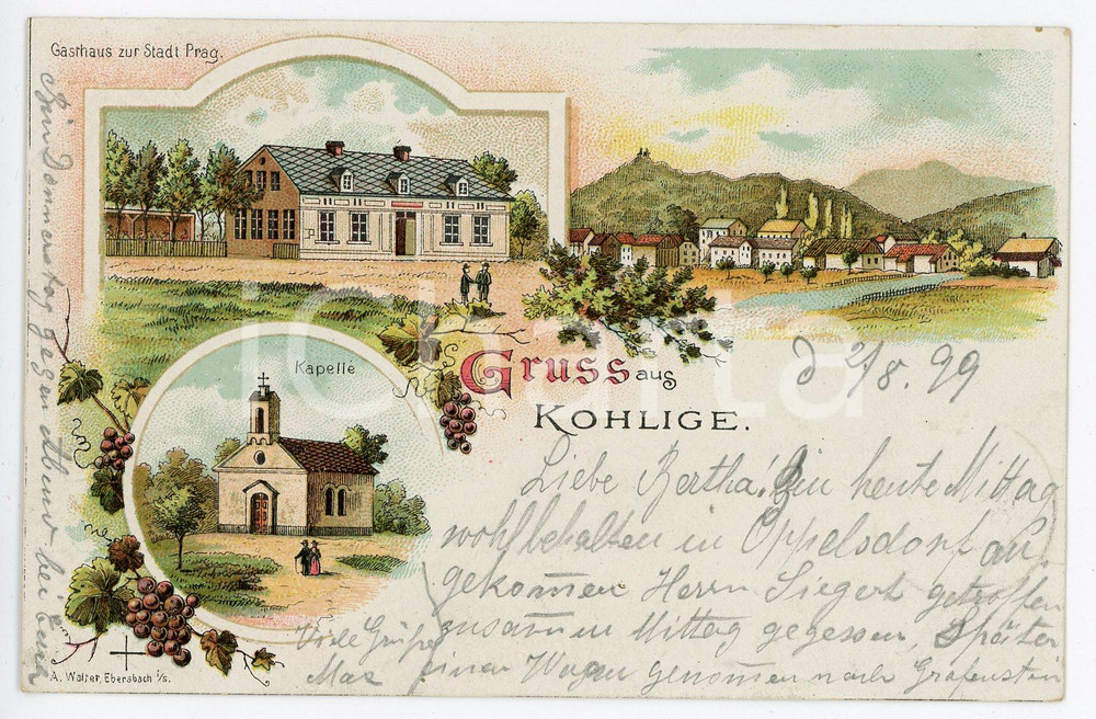 1899 UHELNÀ - KOHLIGE (CZECH) Gasrhaus - Kapelle ILLUSTRATED Postcard FP VG  Cartolina postale d'epoca, viaggiata. FAIR/discreto Lievi smussature agli angoli Formato: FP originale e autentica 1