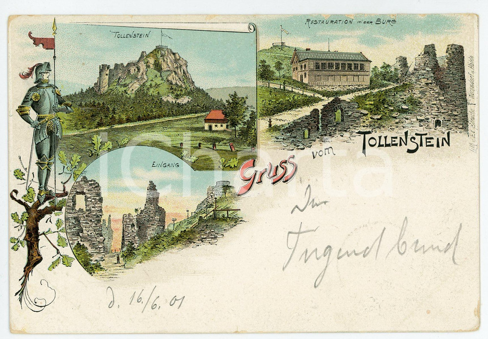 1901 TOLLENSTEIN Eingang - Restauration in der Burg ILLUSTRATED Postcard FP VG  Cartolina postale d'epoca, viaggiata. POOR/danneggiato Abrasioni ai margini, smussature agli angoli Formato: FP originale e autentica 1