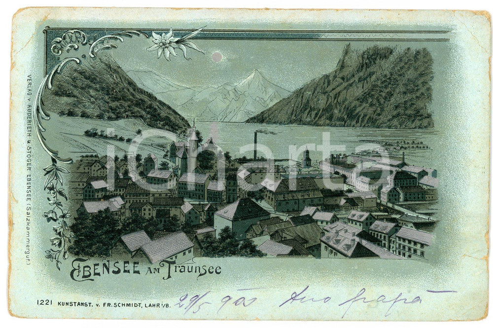 1900 EBENSEE AM TRAUNSEE (OSTERREICH) Landscape ILLUSTRATED Postcard FP VG  Cartolina postale d'epoca, viaggiata. VERY POOR/gravemente danneggiato strappo al margine destro, piegature e smussature agli angoli Formato: FP originale e autentica 1