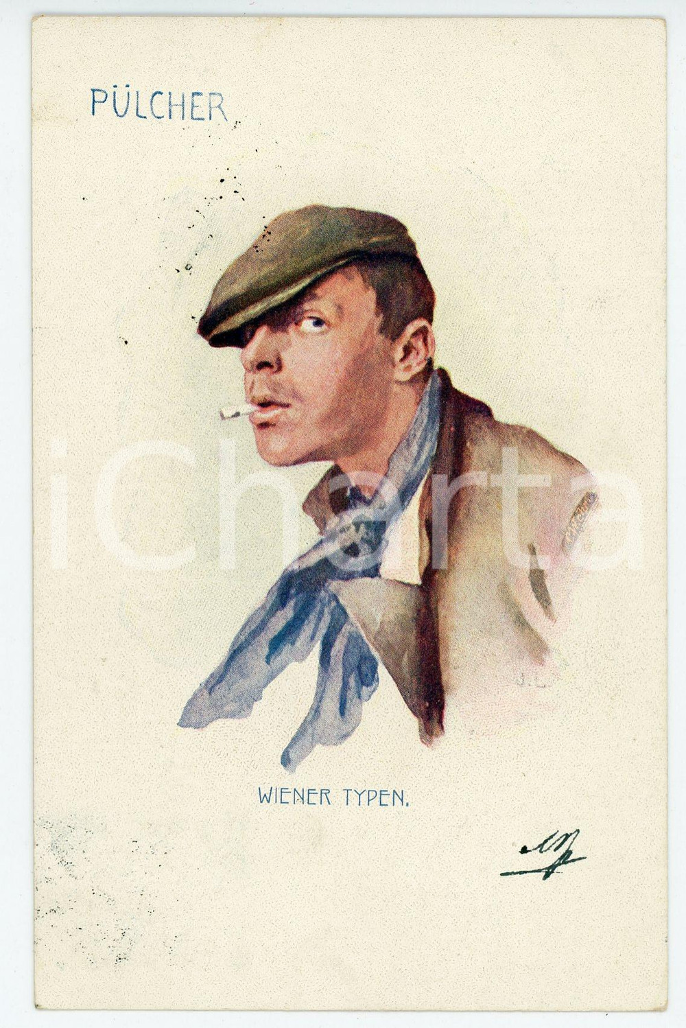 1901 WIEN - WIENER TYPE Pulcher - Man with flat cap and cigarette - Postcard FP  Cartolina postale d'epoca, viaggiata. FAIR/discreto Lievi segni di usura Formato: FP originale e autentica 1
