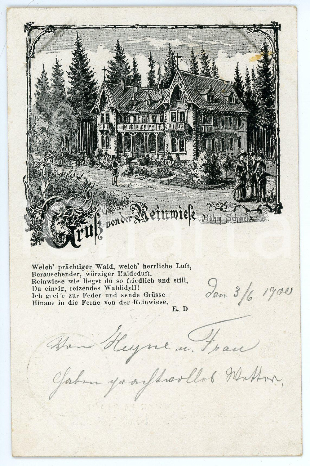 1900 BOHM - SCHWEIZ Gruss von der Reinmiete ILLUSTRATED Postcard FP VG  Cartolina postale, viaggiata. FAIR/discreto Lievi smussature agli angoli Formato: FP originale e autentica 1