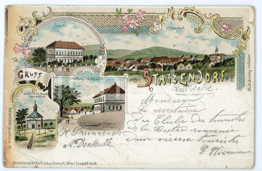 1899 STATZENDORF (OSTERREICH) Wallfahrtskapelle Maria Elend ILLUSTRATED Postcard  Cartolina postale d'epoca, viaggiata. POOR/danneggiato Piegature e smussature agli angoli, piccolo strappo al margine destro, alone al margine sinistro Formato: FP originale e autentica 1