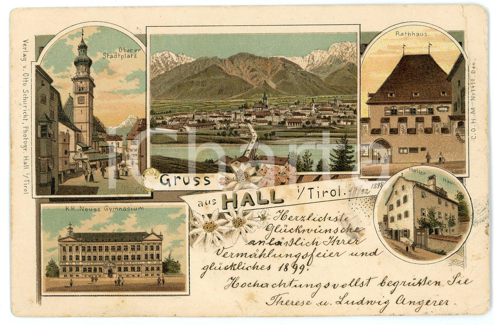 1898 HALL IN TIROL (OSTERREICH) Stadtplatz - Rathhaus ILLUSTRATED Postcard FP VG  Cartolina postale d'epoca, viaggiata. FAIR/discreto lievi smussature agli angoli, profonde piegature agli angoli di destra Formato: FP originale e autentica 1