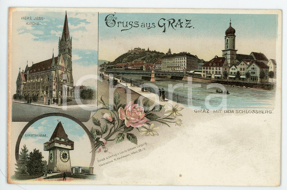 1900 ca GRAZ mit Schlossberg - Uhrthurm - Herz Jesu Kirche ILLUSTRATED Postcard  Cartolina postale d'epoca, non viaggiata. FAIR/discreto lievi smussature agli angoli Formato: FP originale e autentica 1