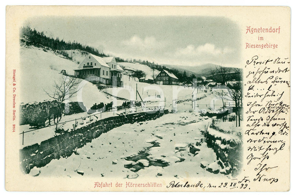 1899 JAGNIATKOW Agnetendorf im Riesengebirge - Hörnerschlitten - Postcard FP VG  Cartolina postale d'epoca, viaggiata. POOR/danneggiato Lievi smussature agli angoli, profonda piegatura all'angolo inferiore sinistro Formato: FP originale e autentica 1