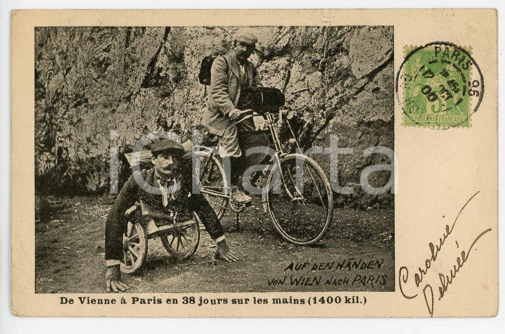 1900 CYCLING DISABILITY Auf den Handen from Wien nach Paris - Vintage postcard  Cartolina postale d'epoca, viaggiata.CONDIZIONI: FAIR (piegature)FORMATO: FP    originale e autentica 1