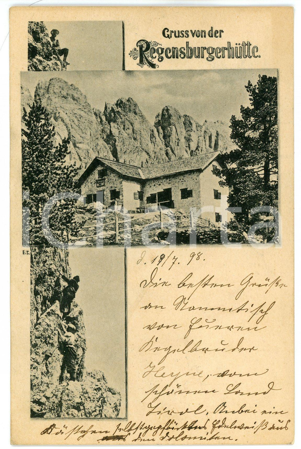 1898 SANTA CRISTINA VALGARDENA Rifugio Firenze - RegensburgerhÃ¼tte - Postcard  Cartolina postale d'epoca, viaggiata. FAIR/discreto smussature agli angolI Formato: FP originale e autentica 1