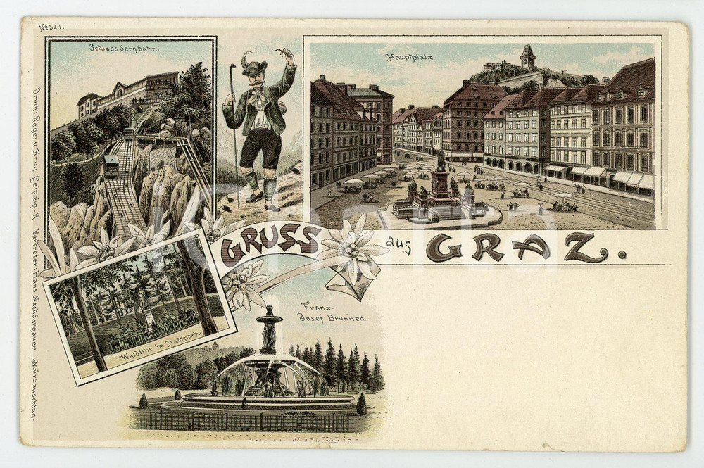 1900 ca GRAZ Franz Joseph Brunnen - Waldlilie in Stadtpark ILLUSTRATED Postcard  Cartolina postale d'epoca, non viaggiata. FAIR/discreto smussature agli angoli, piccola ammaccatura al margine inferiore Formato: FP originale e autentica 1