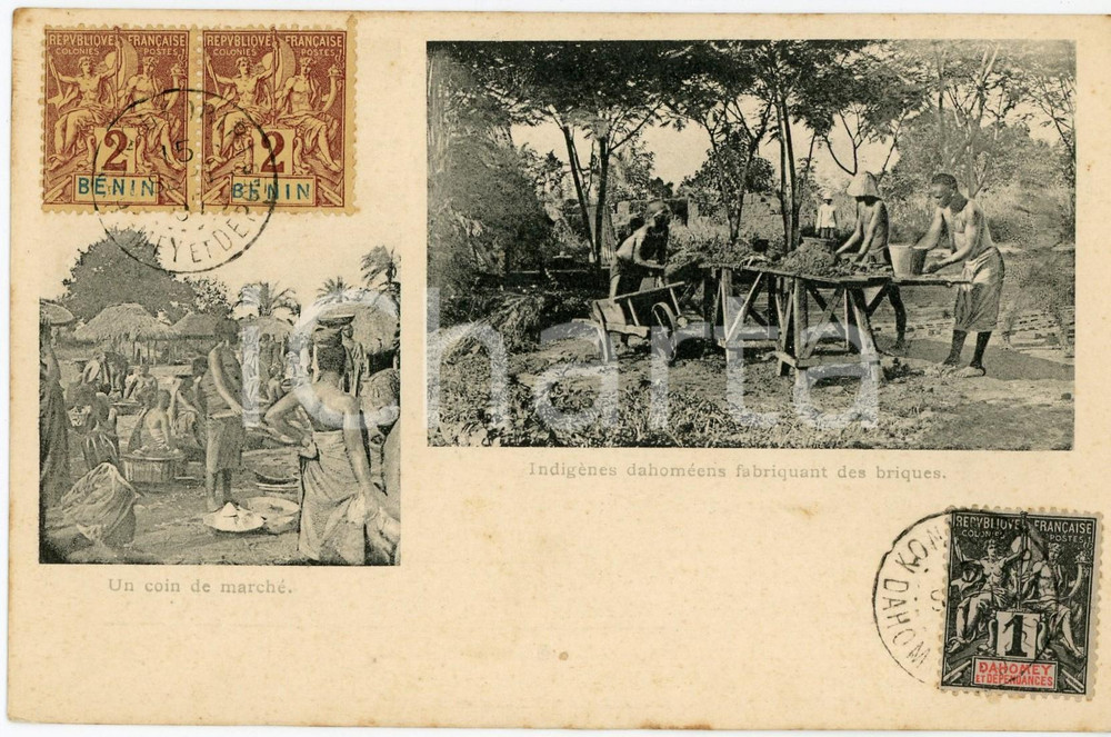 Cartolina originale da collezione 1900 ca BENIN Coin de marchÃ©  IndigÃ¨nes dahomÃ©ens fabriquant des briques Carte 1