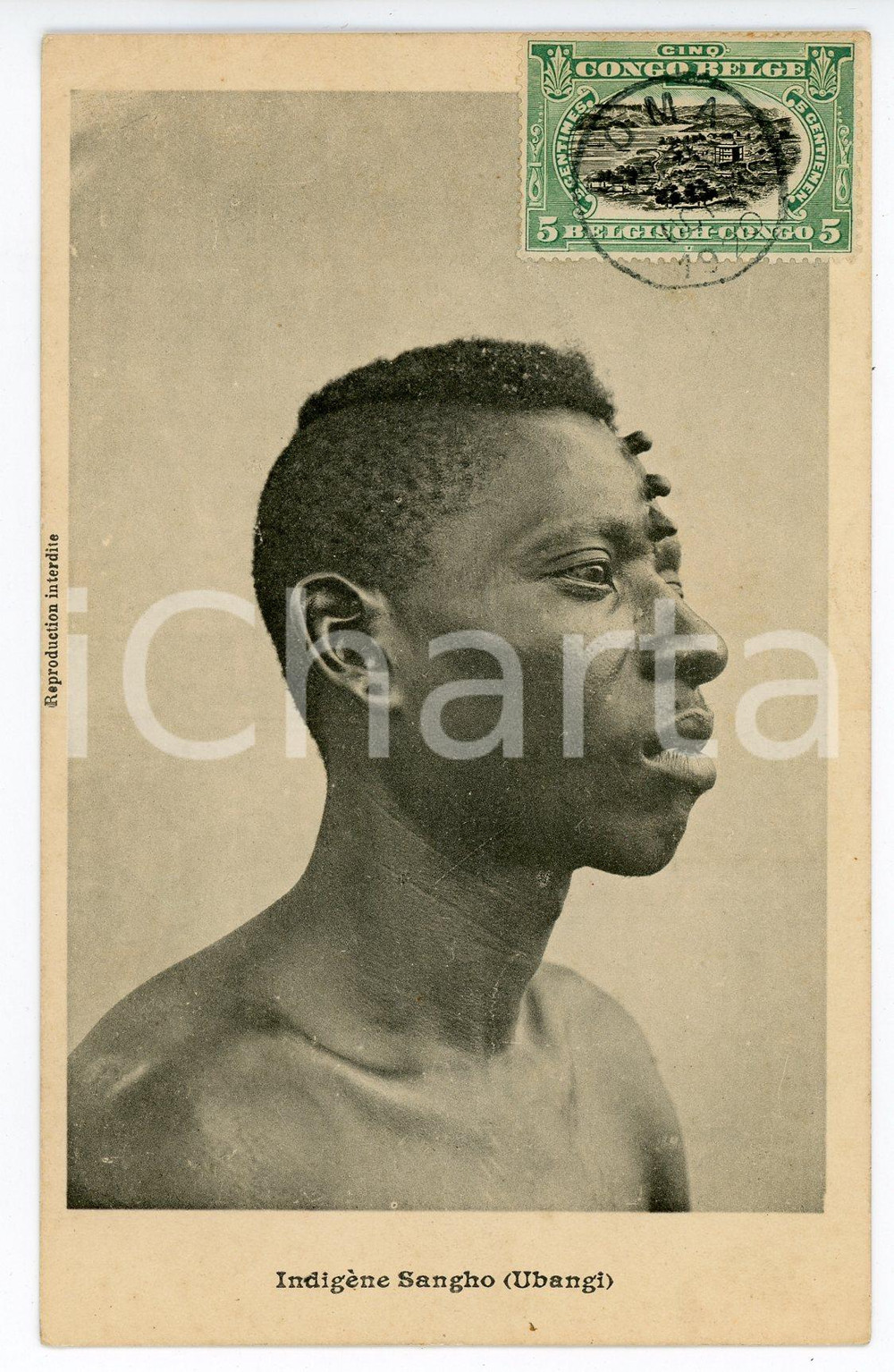 1920 CONGO BELGE- Indigène SANGHO (UBANGI) - Carte postale vintage  Cartolina postale d'epoca, viaggiata.CONDIZIONI: POOR (abrasioni al verso)FORMATO: FP    originale e autentica 1