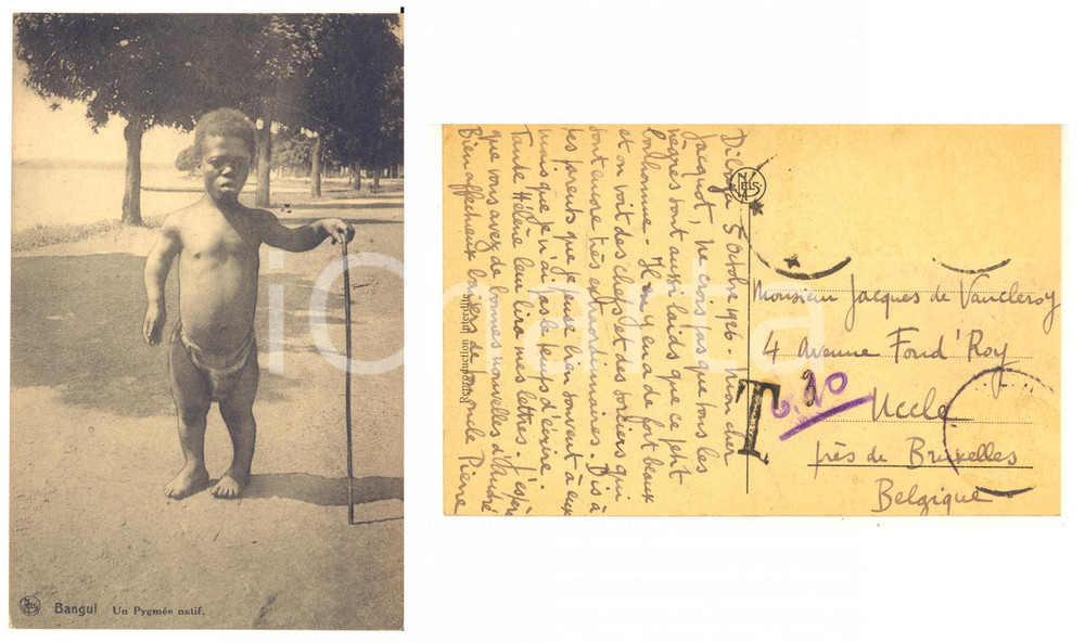 1926 CONGO Pygmée Pierre de VAUCLEROY "Pas tous les nègres sont laids" AUTOGRAPH  Cartolina postale d'epoca, con messaggio autografo del pittore belga Pierre de Vaucleroy (in Congo tra il 1926 e il 1927), che dice che non tutti i neri sono brutti come il pigmeo raffigurato:"...Ne crois pas que tous les n&egrave;gres sont aussi laids que ce petit bonhomme. Il y en a de fort beaux et on voit des chefs et des sorciers qui sont encore extraordinaires...".Viaggiata, ma priva di francobolli.CONDIZIONI: GFORMATO: FP    originale e autentica 1