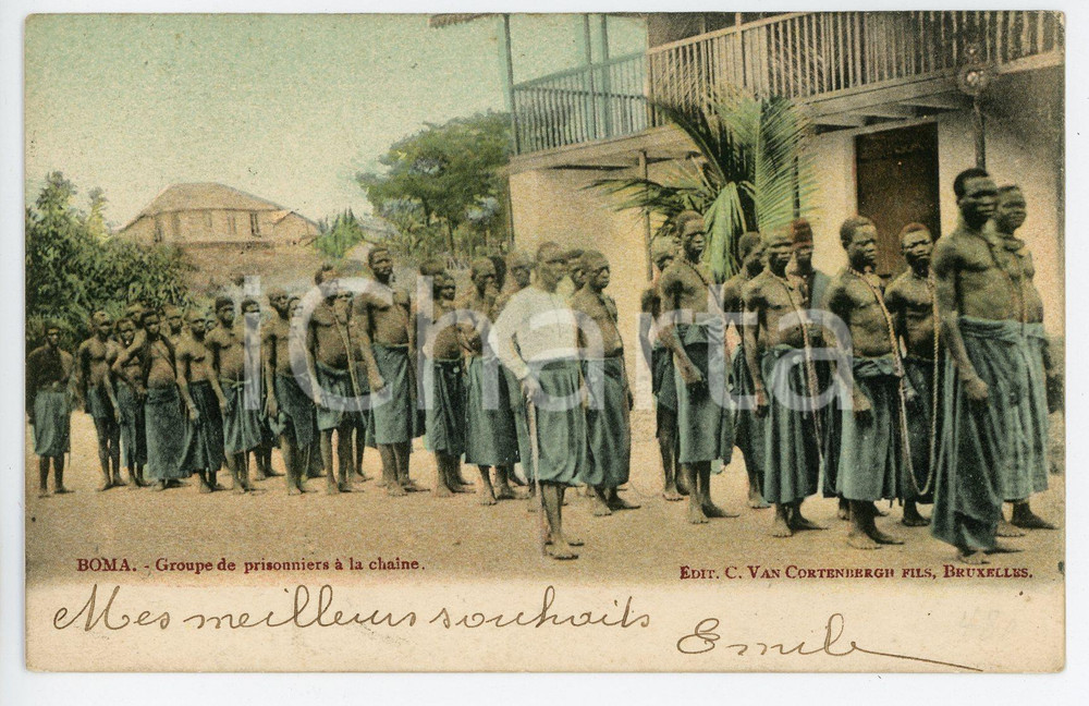 1908 CONGO BELGE BOMA Groupe de prisonniers à la chaine *Carte postale coloniale  Cartolina postale d'epoca, viaggiata.CONDIZIONI: GFORMATO: FP    originale e autentica 1