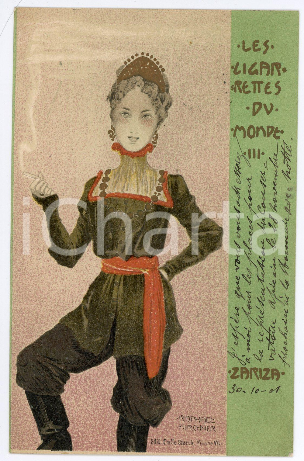 1901 ART NOUVEAU Raphael KIRCHNER Cigarettes du monde III ZARIZA *RARE postcard  Rara cartolina postale d'epoca, opera dell'artista e illustratore Raphael Kirchner, viaggiata.CONDIZIONI: GFORMATO: FP    originale e autentica 1