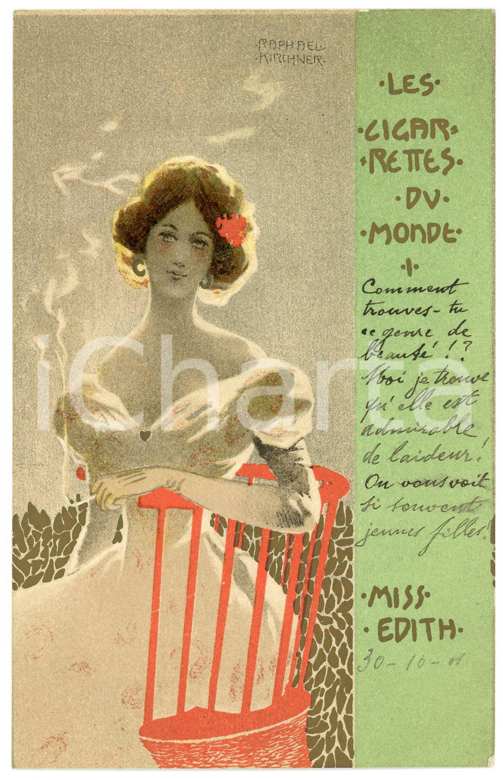 1901 ART NOUVEAU Raphael KIRCHNER Cigarettes du monde I Miss EDITH RARE postcard  Rara cartolina postale d'epoca, opera dell'artista e illustratore Raphael Kirchner, viaggiata.CONDIZIONI: G FORMATO: FP    originale e autentica 1