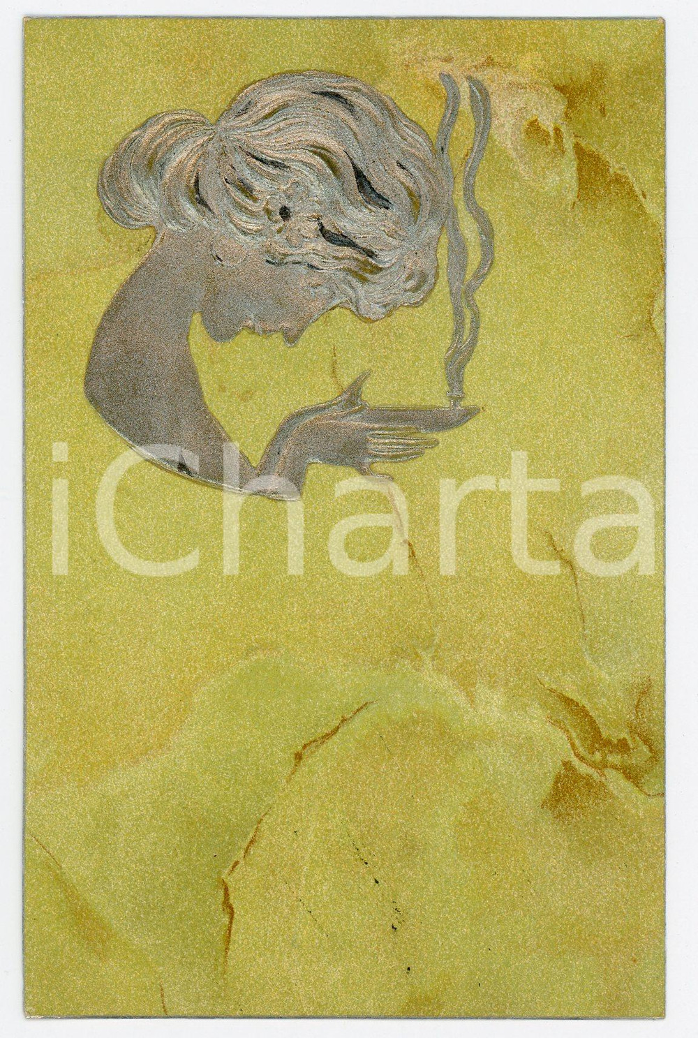 1900 ca ART NOUVEAU Lady with lamp - RARE ILLUSTRATED embossed postcard  Pregevole cartolina postale d'epoca, illustrata, a rilievo, non viaggiata.CONDIZIONI: GFORMATO: FP    originale e autentica 1