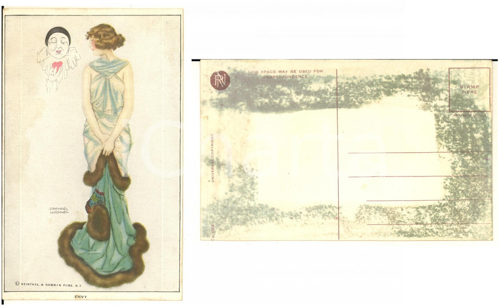 1920 ca Artist Raphael KIRCHNER - Envy - RARE Postcard Deadly Sins *DAMAGED  Pregevole cartolina postale d'epoca, illustrata, non viaggiata.Serie "Les Amours de Pierrot (The Deadly Sins)".CONDIZIONI: VERY POOR (tracce di umidit&agrave; al recto, danni da colla e umidit&agrave; al verso)FORMATO: FP    originale e autentica 1