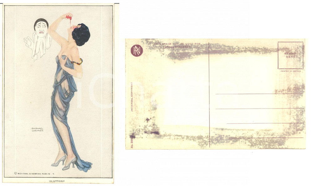 1920 ca ART NOUVEAU Raphael KIRCHNER - Gluttony - RARE Postcard *DAMAGED  Pregevole cartolina postale d'epoca, illustrata, non viaggiata.Serie "Les Amours de Pierrot (The Deadly Sins)".CONDIZIONI: POOR (danni da colla e umidit&agrave; al verso)FORMATO: FPEDITORE: Reinthal &amp; Newman Pubs. N.Y.    originale e autentica 1